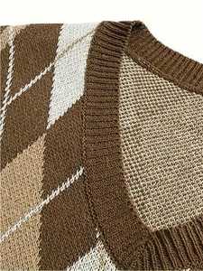 เสื้อกั๊กไหมพรมแขนกุดลายอาร์ไกล์สำหรับผู้ชาย คอวี สไตล์เรโทร พรีปปี้ แฟชั่นลำลอง เสื้อถักขายส่ง - Product Image 3