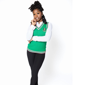   Gilet en tricot vert pour femme, classique, sans manches, col en V, pull décontracté, vêtements de sororité, logo personnalisé - Product Image 1