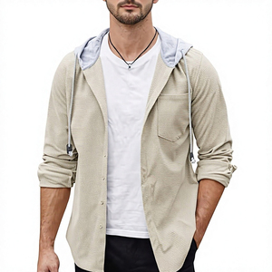 Men Hooded Woven Cotton Casual <b>Cardigan</b> Solid Color Breathable Regular Fit Summer Outerwear - Product Image 1