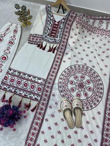 Luxury <b>White</b> Cotton <b>Sharara</b> Suit Set Heavy Mirror Work Embroidery Long Kurti Wide Leg Palazzo Indian Pakistani Festive Wear - Product Image 5