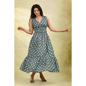 Vestido Maxi 100% Algodón Estampado, Ecológico, Lavable, para Mujer, Sin Mangas, Cintura Natural, Verano, Casual, Uso Diario - Product Image 5