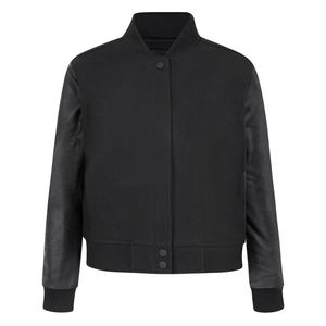 Men's Black Bomber <b>Jacket</b> With PU Leather Sleeves Stand Collar Casual Style Autumn Wear - Product Image 1