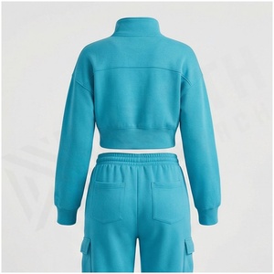 Women Blue Quarter-<b>Zip</b> Crop <b>Sweatshirt</b> & Drawstring Cargo Pants Tracksuit Set Casual Autumn Wear Full Sleeve Solid Color Loose - Product Image 2