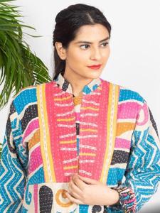 Handmade Kantha Jacket for Women Cotton <b>Quilted</b> Reversible Vintage Block Print Boho Ethnic <b>Winter</b> Coat Sustainable Fashion - Product Image 3