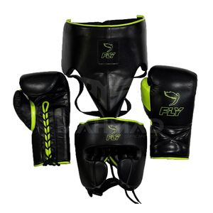 Ensemble d'entraînement de boxe le plus tendance et le plus vendu, noir avec bordure vert lime, comprenant des gants de boxe en cuir à lacets, un casque de protection et une protection inguinale, pour l'extérieur - Product Image 6