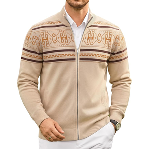 Top Trending Knitted Zipper <b>Cardigan</b> Geometric Pattern Full Sleeve Autumn Sweater <b>Beige</b> Color Casual Wear Travel Weekend Outfits - Product Image 1