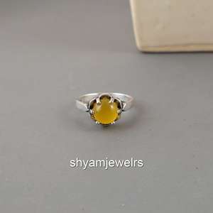 Natural Yellow Onyx 925 Sterling Silver 14K Gold Plated Ring | Cabochon Gemstone Crown Setting Boho Hippie Style Unisex Ring - Product Image 1