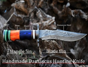 Handmade Bowie <b>knife</b> in Damascus steel wood+<b>bone</b> <b>handle</b> with leather sheath - Product Image 5