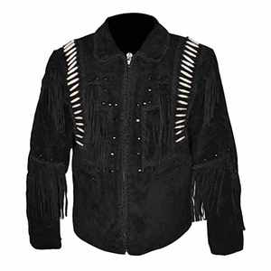 <b>Men</b> Cow Skin <b>Suede</b> Tassel Fringe Leather <b>Jacket</b> Turn-down Collar Breathable 240g Western Style Casual Winter Coat - Product Image 1