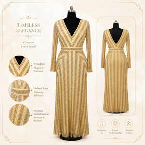 Vestido de noche de lujo con cuentas en color oro champán |   Vestido Largo Formal de Fiesta, Cóctel o Boda con Escote en V Profundo y Manga Larga para Mujer - Product Image 5