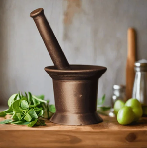Solid dark antique brass mortar pestle set with flared base for spice grinding, available at wholesale prices. - Product Image 1