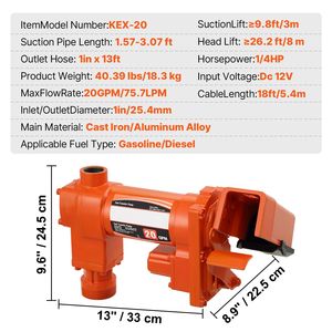 Bomba Extractora de Gasolina de 12V CC, 20 GPM, 1/4 HP con Boquilla Automática y Manguera de Descarga - Product Image 6
