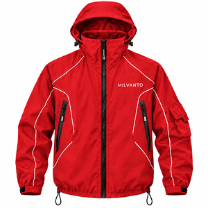 Red Custom Logo <b>Men</b>’s Hooded Windbreaker <b>Jacket</b> Lightweight Windproof Outdoor Windbreaker <b>Jacket</b> With <b>Reflective</b> Piping - Product Image 1