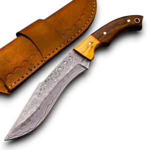 Couteau de chasse et de camping à lame fixe en acier Damas, manche en bois, bord biseauté, tranchant comme un rasoir, forgé à la main avec étui, ODM/Vente en gros - Product Image 1