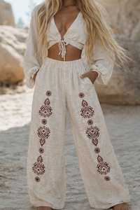 Women Bohemian Linen Wide Leg Pants High Waist Embroidery Loose Fit Full Length Summer Casual Trousers - Product Image 1
