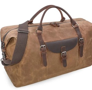 Sac de voyage en toile avec accents en cuir, fermeture éclair, sac de week-end, bagage de voyage léger, doublure en polyester pour hommes - Product Image 5