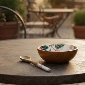 Ensemble de bol et cuillère en mosaïque de marguerites en bois moderne, écologique et fait main, design floral, emballage durable au prix du marché - Product Image 1