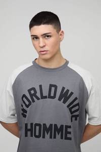 mens grey graphic raglan sleeve short sleeve <b>tshirt</b> worldwide homme print relaxed oversized fit crewneck tee top - Product Image 6