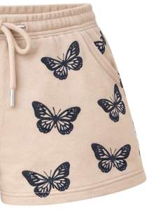 กางเกงขาสั้นผู้หญิงลายผีเสื้อสีเบจผ้าฝ้ายฟลีซลำลองสำหรับฤดูร้อนเอวผูกเชือก ผลิตตามสั่ง ขายส่งเสื้อผ้า - Product Image 4