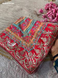 Sari de chinon suave de alta calidad con estampado digital e inspirado en Kalamkari y trabajo de C-Pallu Gota Patti - Blusa a juego - Exportador indio - Product Image 3