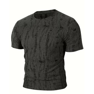 Camiseta de manga corta con agujeros rotos para hombre, estilo moderno, talla grande, oversize, 100% algodón, antiarrugas, corte holgado y resistente. - Product Image 2