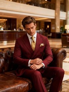 Costume de smoking pour homme à col mandarin, simple boutonnage, en velours côtelé viscose/polyester, couleur bordeaux, infroissable, respirant, coupe droite - Product Image 4