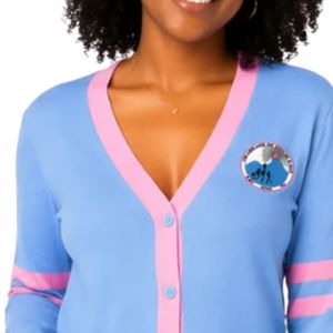 Women Blue Pink V Neck <b>Cardigan</b> Long Sleeve Button Down Knit Sweater Contrast Trim Striped Sleeves <b>with</b> <b>Pockets</b> Casual Fashion - Product Image 3