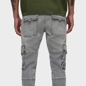 High Demand Men Slim Fit Denim <b>Cargo</b> Pants Grey Stone Washed <b>Stretch</b> Jeans Skinny <b>Cargo</b> Trousers Flap Side Pockets Streetwear - Product Image 5
