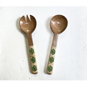 Latest Design Acacia Wood <b>Salad</b> <b>Server</b> with Hand Woven Rattan Handle Utensils Wooden Cutlery <b>Salad</b> Spoon Fork Set Serving Spoon - Product Image 1