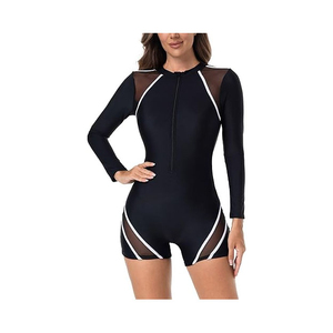 Women High Neck Long Sleeve One Piece Rash Guard with <b>Mesh</b> Panels Contrast Binding Quick Dry & Seamless Spandex/Nylon Swimwear - Product Image 6