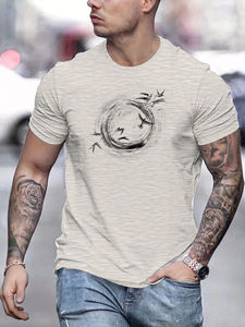 T-shirt à manches courtes pour hommes, 100% pur coton, décontracté, ample et simple, à la mode, avec motif d'oiseau imprimé, col rond, manches courtes - Product Image 2