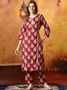 <b>Women</b> Red Floral Printed Rayon <b>Kurta</b> Set Regular Fit Knee-Length Traditional Style Casual Wear Quick Dry Spring Summer Autumn - Product Image 3