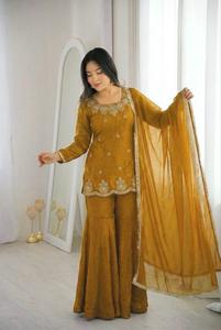 Ensemble Sharara Palazzo brodé pour femme, robe traditionnelle avec dupatta, manches longues, longueur au sol, tenue de mariage ou de fête - Product Image 4