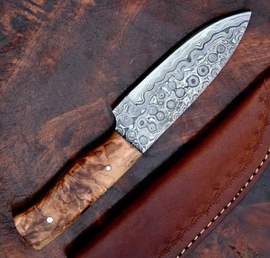 Couteau de chasse Skinner à lame fixe en acier Damas fait main, pointe droite, manche ergonomique en bois d'olivier, personnalisable OEM ODM pour le camping - Product Image 4