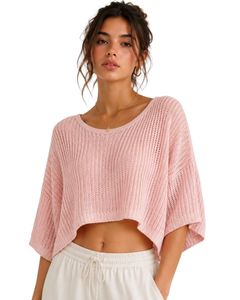 Pull court tricoté rose personnalisé pour femme, coupe ample, manches courtes, léger, respirant, décontracté, tendance, pour l'été - Product Image 1