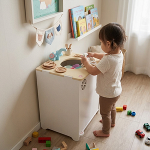 Ensemble de jeu d'évier de cuisine en bois pour enfants avec robinet fonctionnel, pour les 2-4 ans, jeu d'imitation. - Product Image 2