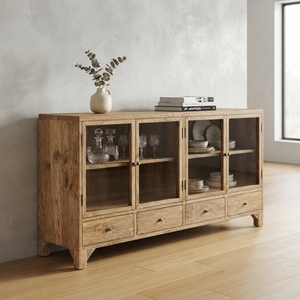 Solid Wood Storage Drawer Sideboard Credenza Modern Glass Door Display Cabinet Teak Style Wooden Chest Drawers <b>Carts</b> Furniture - Product Image 3
