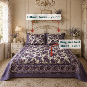 Parure de draps de mariage classique faite à la main à Jaipur, imprimée au bloc, motifs floraux complexes, écologique, 3 pièces, taille King, 100% coton, 200 fils/cm² - Product Image 6