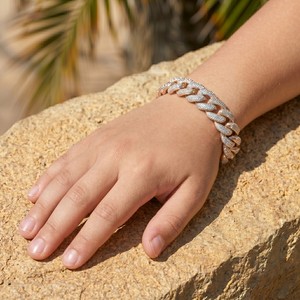 Regal Rose Gold & <b>Silver</b> Diamond Studded Cuban Link <b>Bracelet</b> with Premium Iced Out Finish for Elegant Fashion Jewelry Design 3D - Product Image 4