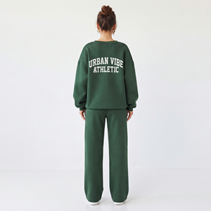 Ensemble de survêtement décontracté vert pour femme, col en V, coupe ample, imprimé, manches longues, en molleton de coton, pantalon oversize - Product Image 2