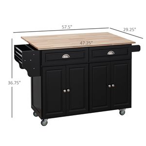 Isola da Cucina Moderna Nera con Ruote, in Rovere, con Piano Ribaltabile Regolabile, Cassetti Contenitori, Ante e Armadietti, Piano di Lavoro in Legno di Gomma - Product Image 3