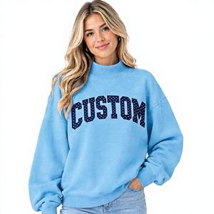 Sudadera de cuello alto azul claro para mujer, con hombros caídos, manga larga, estampado de letras, estilo casual para otoño - Product Image 1