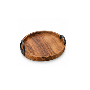 Plateau de rangement rond en bois avec incrustation de marbre et poignées en forme de branche dorée, design minimaliste pour utilisation sur table, à un seul niveau - Product Image 6