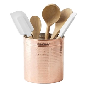 Shiny Copper Hammered Stainless Steel Cutlery Holder <b>Utensil</b> Caddy Flatware Organizer For Countertop <b>Storage</b> Holder - Product Image 1