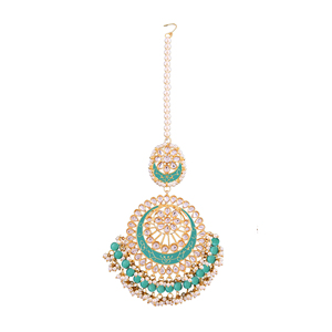 Tikka Kundan étnica chapada en oro con perla de esmalte azul, joyería hecha a mano para la frente, para mujeres, para bodas - Product Image 1