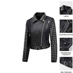 Women Studded Leather <b>Jacket</b> <b>Punk</b> Biker Black Motorcycle <b>Jacket</b> PU Genuine Leather Custom Logo OEM Wholesale Supply - Product Image 5
