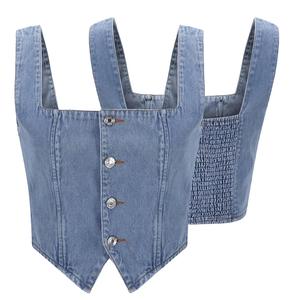Débardeurs en jean pour femmes, tops courts d'été sans manches boutonnés pour soirée et club, coupe ajustée, col carré, dos nu - Product Image 3