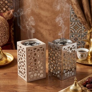 Quemador de incienso moderno de metal hueco, Mabkhara cuadrada alta, soporte de incienso árabe de lujo, decoración geométrica de escritorio y regalo de Ramadán - Product Image 1