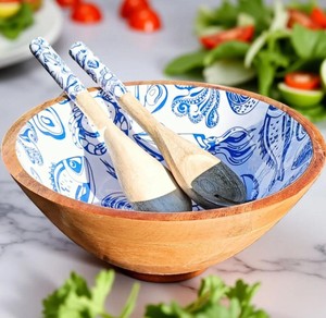 Bol de service moderne en bois de manguier émaillé thème mer bleue avec cuillère et fourchette à salade en bois, ensemble de vaisselle pour fête et cuisine - Product Image 2