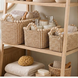 Handcrafted Unique Seagrass <b>Baskets</b> for <b>Storage</b> Set 3 Decorative <b>Storage</b> Bins with Bead-Accented Handles from Vietnam - Product Image 3